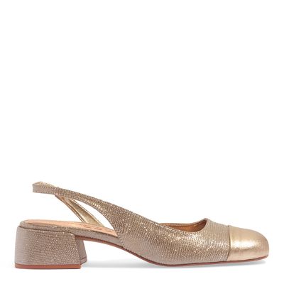 Scarpin Boneca Slingback Couro Metalizado Dourada Salto Bloco Baixo