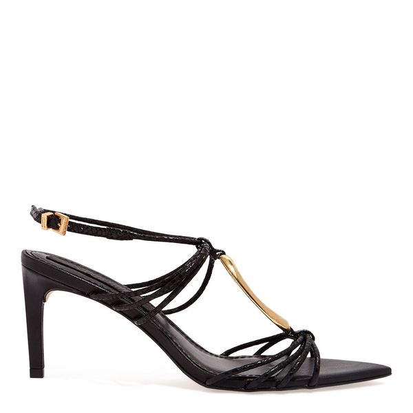 Sandália Couro Mamba Snake Preto Bico Folha Salto Alto Fino