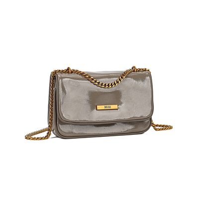 Bolsa Pequena Envernizada Glossy Cinza Stone Alça Corrente