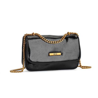 Bolsa Pequena Envernizada Glossy Preta Alça Corrente