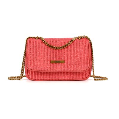 Bolsa Pequena Tramado Palha Laranja Alça Corrente