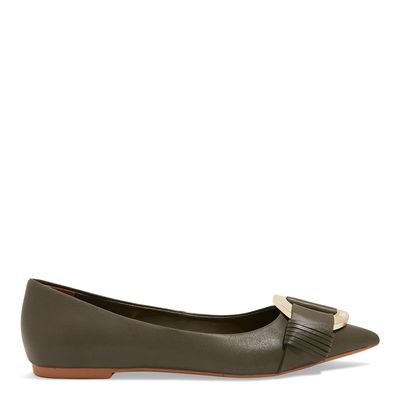 Sapatilha Verde Savana Couro Nobre Soft Bico Fino Fivela