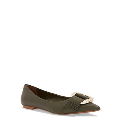 Sapatilha Verde Savana Couro Nobre Soft Bico Fino Fivela