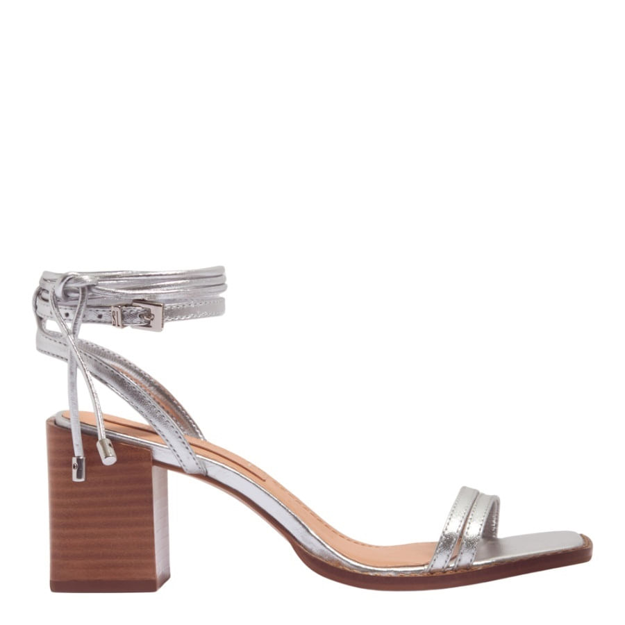 Sandália Couro Metalizado Prata Salto Bloco Médio Amarração