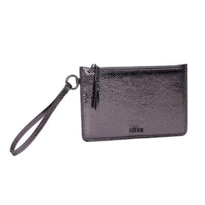 Clutch Cinza Grafite Metalizada Alça De Mão