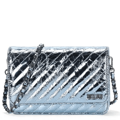 Bolsa Pequena Metalizada Azul Alça Corrente Transversal