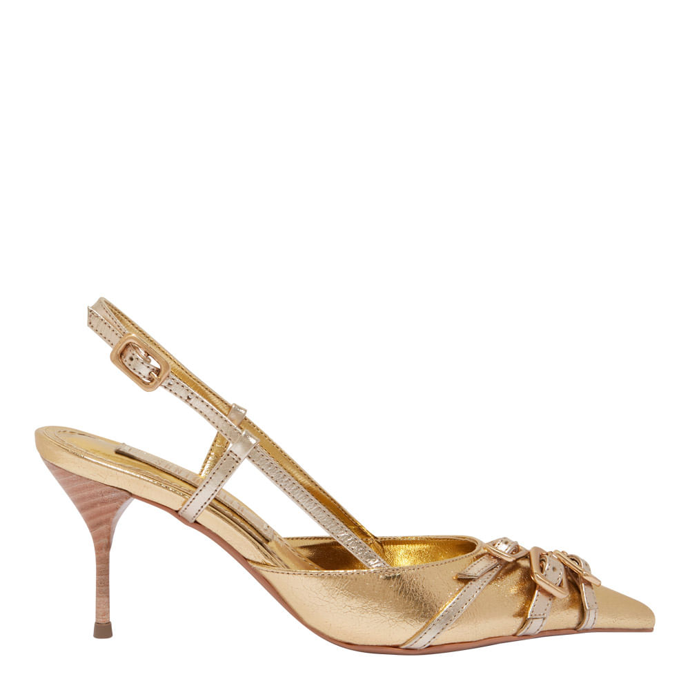 Salto Fino Scarpin Agulha Scarpin Slingback Craquelê Dourado Salto Agulha  Fino Santa Lolla