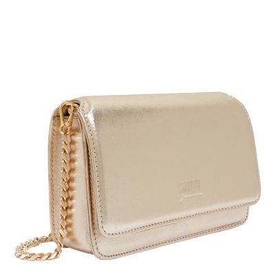 Bolsa Flap Bag Couro Metalizado Dourada Alça Corrente