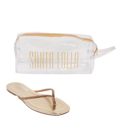 Kit Rasteira Metalizada Dourada E Necessaire