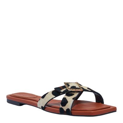 Rasteira Fivela Couro Animal Print