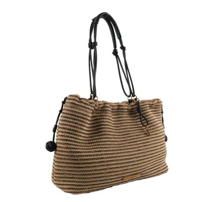 Bolsa Shopper Palha Tramado Preto E Bege Alça Nó