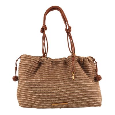 Bolsa Shopper Palha Tramado Marrom Safari Alça Nó