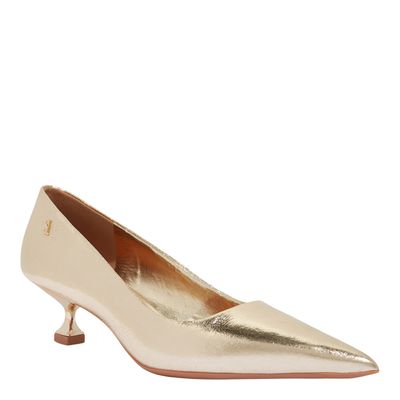 Scarpin Couro Metalizado Dourado Salto Baixo Taça