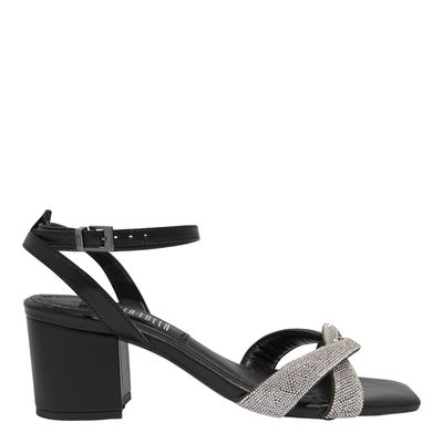 Sandália Strass Napa Soft Preta Salto Bloco