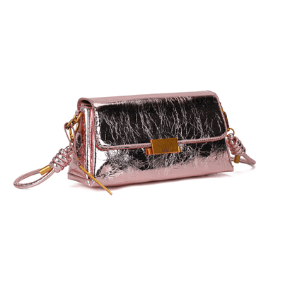 Bolsa Pequena Metalizada Crinkle Rosa Claro Alça de Ombro