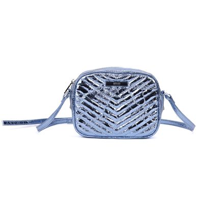 Bolsa Pequena Metalizada Crinkle Azul Alça Transversal