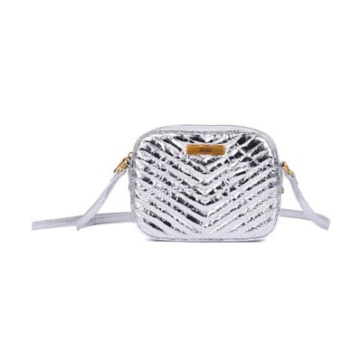 Bolsa Pequena Metalizada Crinkle Prata Alça Transversal