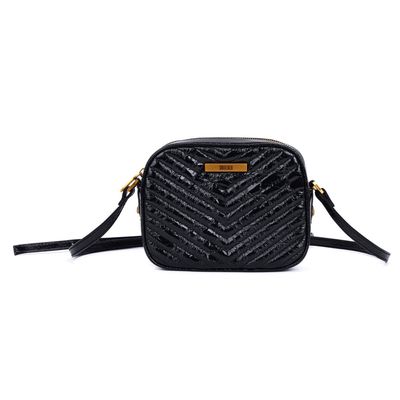 Bolsa Pequena Metalizada Crinkle Preta Alça Transversal