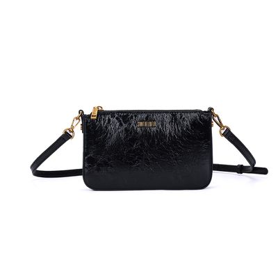 Bolsa Pequena Metalizada Crinkle Preta Alça Transversal