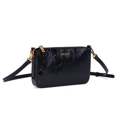 Bolsa Pequena Metalizada Crinkle Preta Alça Transversal