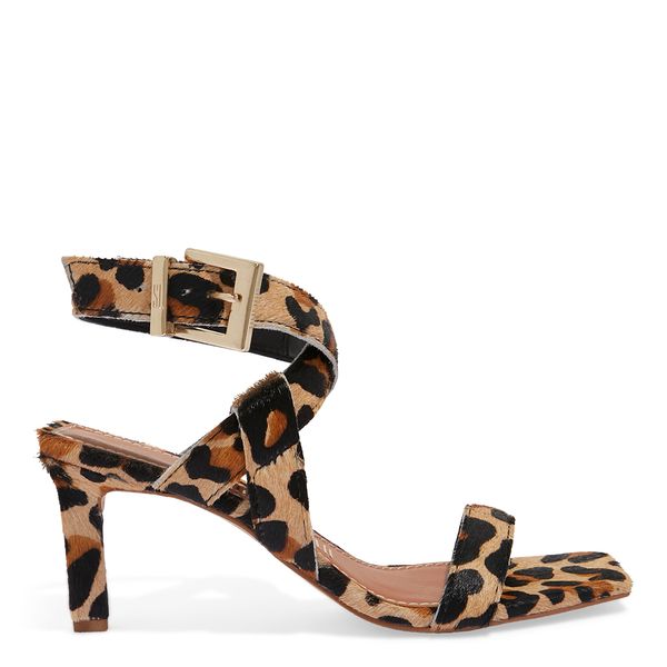 Sandália Couro Animal Print Onça Salto Baixo Fino