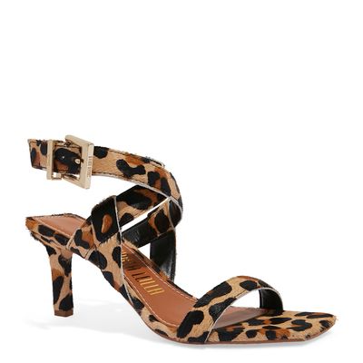 Sandália Couro Animal Print Onça Salto Baixo Fino