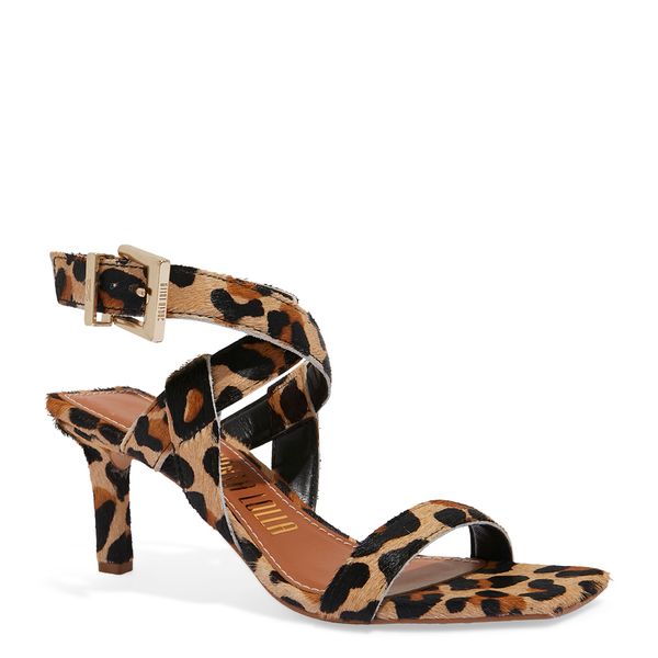 Sandália Couro Animal Print Onça Salto Baixo Fino