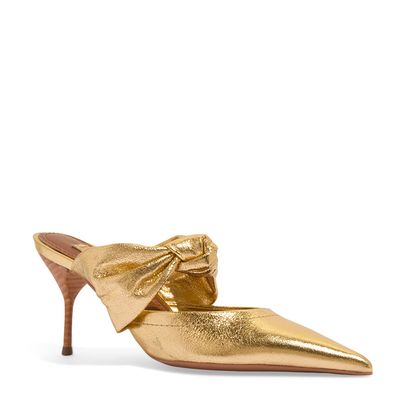 Mule Craquelê Dourado Salto Agulha Fino