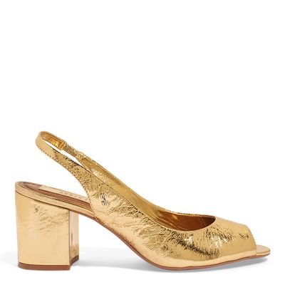 Sandália Peep Toe Couro Metalizada Dourado Salto Bloco