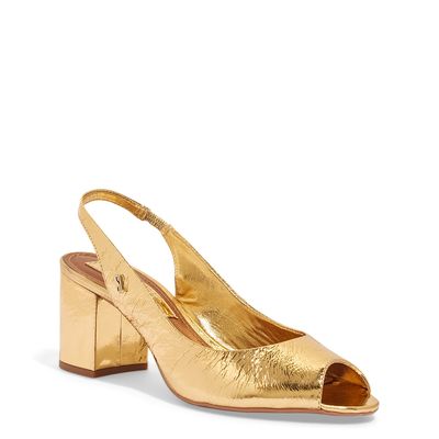 Sandália Peep Toe Couro Metalizada Dourado Salto Bloco