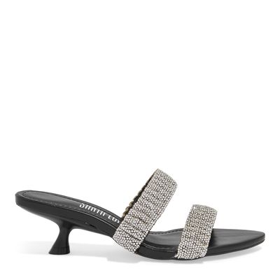 Mule Tiras Strass Napa Soft Preto Salto Fino Baixo