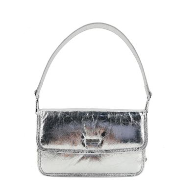 Bolsa Flap Bag Prata Metalizado Crinkle Alça De Ombro