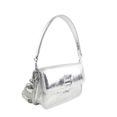 Bolsa Flap Bag Prata Metalizado Crinkle Alça De Ombro