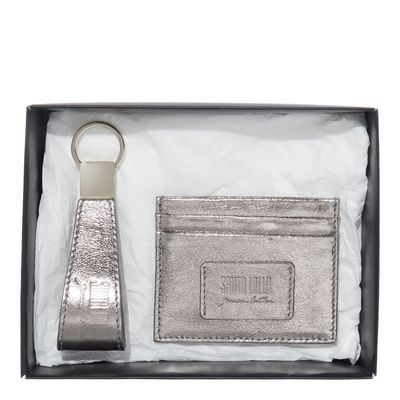 Kit Presente Porta Cartão E Chaveiro Couro Metalizado Cinza Grafite