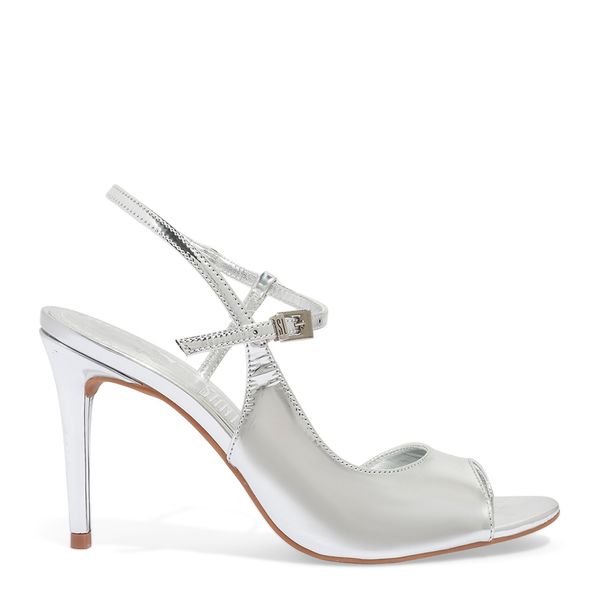 Sandalia Peep Toe Specchio Prata Salto Alto Fino