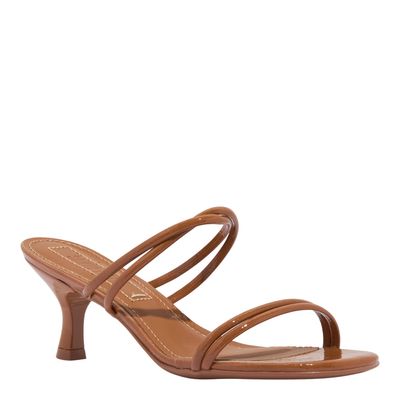 Mule Verniz Glossy Marrom Salto Baixo Fino