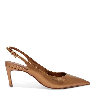 Scarpin Slingback Metalizado Bico Fino Salto Médio Bronze