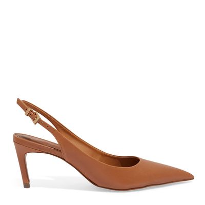 Scarpin Slingback Couro Confort Bico Fino Salto Médio Caramelo Escuro