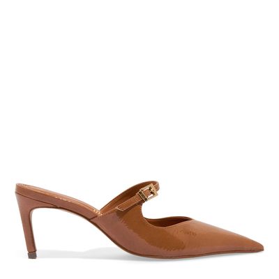 Sapato Mule Scarpin Com Fivela Marrom Bico Fino