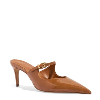 Sapato Mule Scarpin Com Fivela Marrom Bico Fino