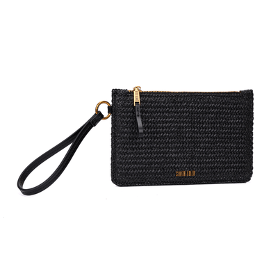 Clutch Preta Palha Tramado Alça De Mão