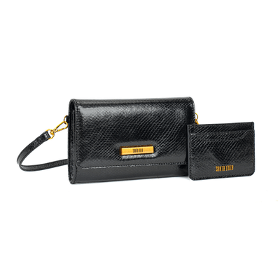 Kit Bolsa Carteira E Porta Cartão Cobra Metalizado Preto