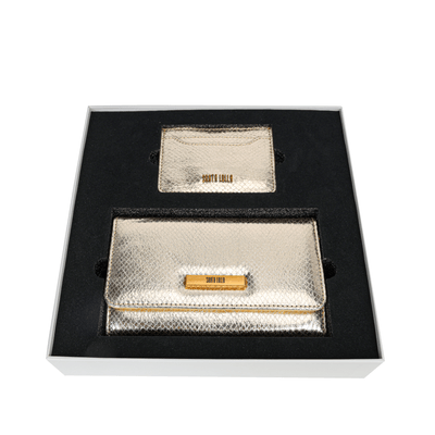 Kit Bolsa Carteira E Porta Cartão Cobra Metalizado Dourado