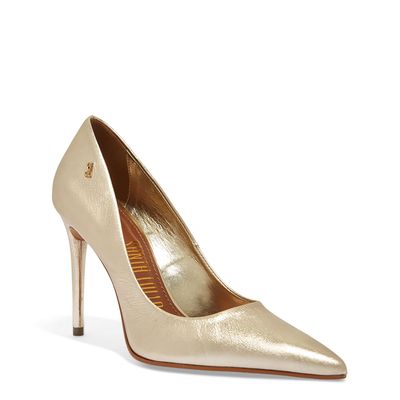Scarpin Bico Fino Couro Metalizado Dourado Salto Alto