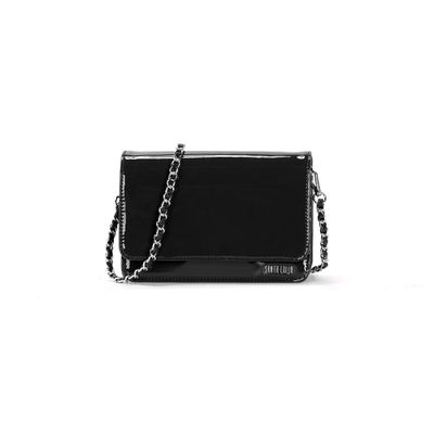 Bolsa Flap Bag Preta Envernizada Alça Corrente