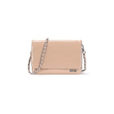 Bolsa Flap Bag Bege Envernizado Alça Corrente