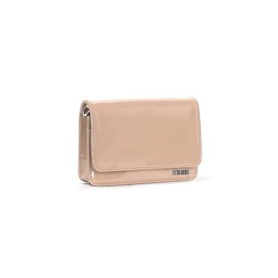 Bolsa Flap Bag Bege Envernizado Alça Corrente