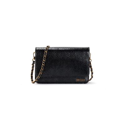 Bolsa Flap Bag Preto Metalizado Alça Corrente