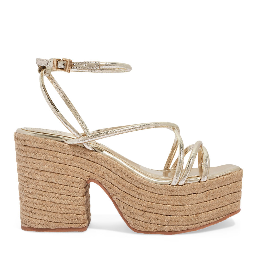 Sandália Plataforma Couro Craquelê Dourada Metalizado Santa Lolla