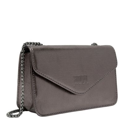 Bolsa Envelope Couro Metalizado Cinza Grafite Alça Corrente